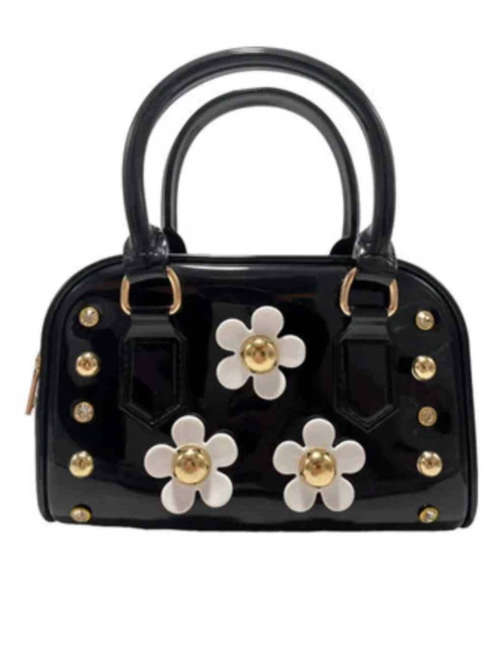 NWT Doe a Dear Girls/Youth Black Floral Shiny Jelly Barrel Purse
